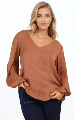 Morgana Blouse - Soft V-Neckline Pull Over Top with Balloon Sleeves in Rust><noscript><img width=