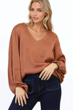 Morgana Blouse - Soft V-Neckline Pull Over Top with Balloon Sleeves in Rust><noscript><img width=
