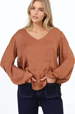 Morgana Blouse - Soft V-Neckline Pull Over Top with Balloon Sleeves in Rust><noscript><img width=