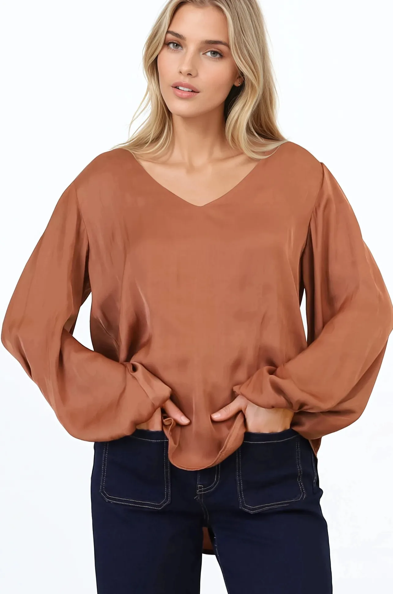 Morgana Blouse - Soft V-Neckline Pull Over Top with Balloon Sleeves in Rust>Salty Crush Discount