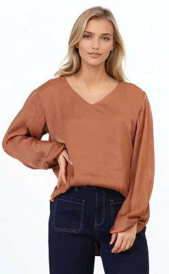 Morgana Blouse - Soft V-Neckline Pull Over Top with Balloon Sleeves in Rust><noscript><img width=