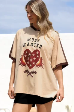 Most Wanted Tee - Graphic Print Short Sleeve T-Shirt with Racer Stripe Sleeves in Beige><noscript><img width=