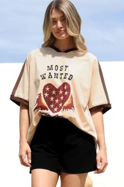 Most Wanted Tee - Graphic Print Short Sleeve T-Shirt with Racer Stripe Sleeves in Beige><noscript><img width=