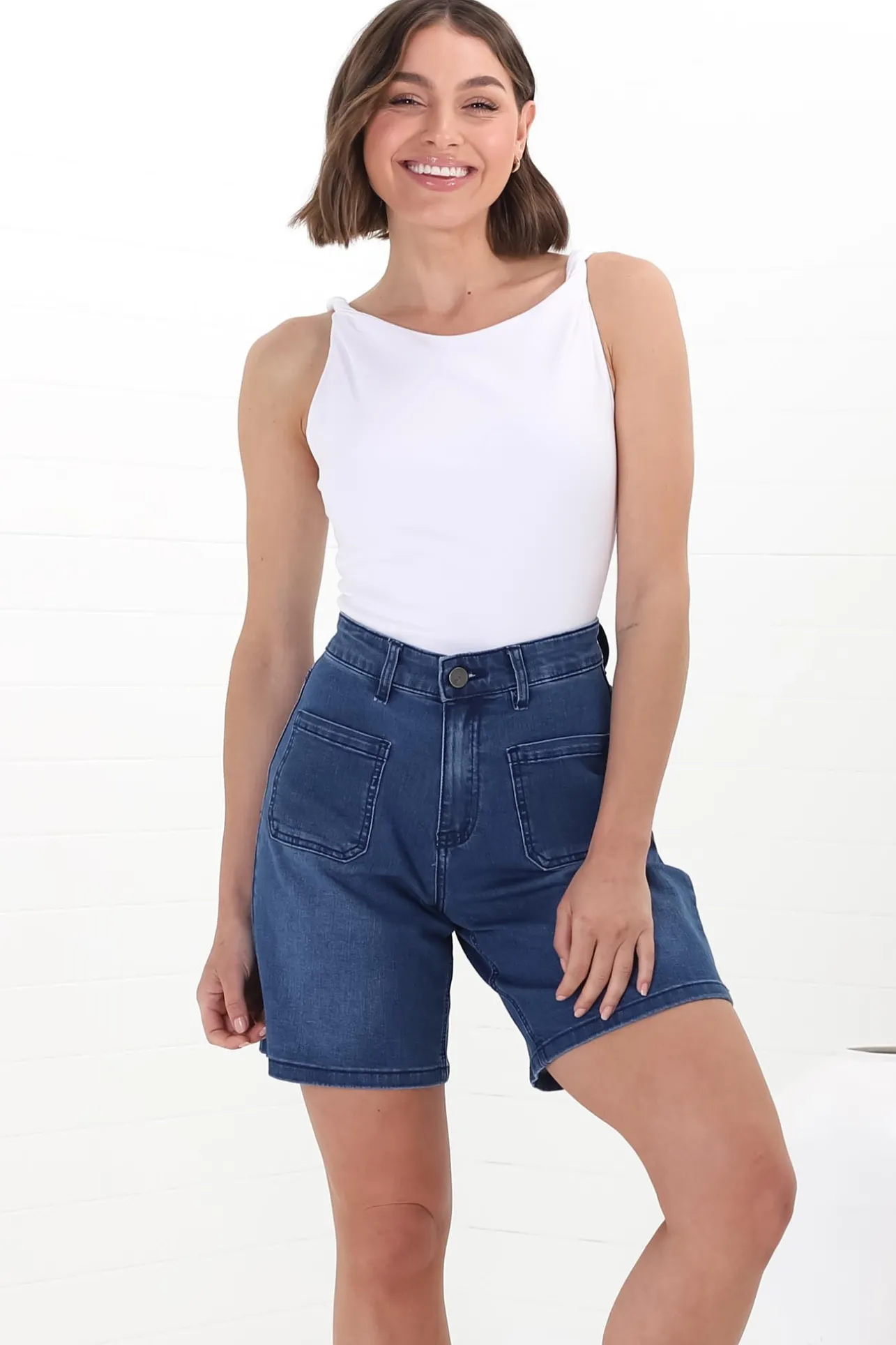 Murray Denim Shorts - High Waisted Stretchy Denim Shorts in Dark Denim>Salty Crush Hot
