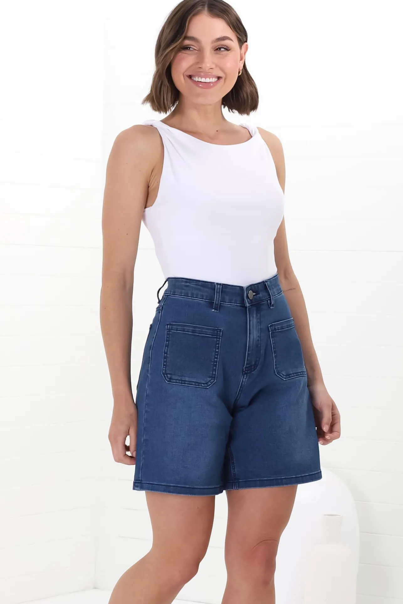 Murray Denim Shorts - High Waisted Stretchy Denim Shorts in Dark Denim>Salty Crush Hot