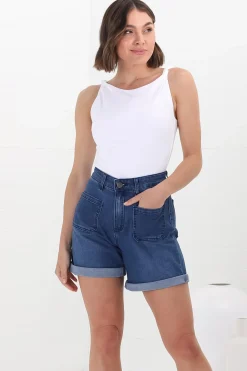 Murray Denim Shorts - High Waisted Stretchy Denim Shorts in Dark Denim><noscript><img width=