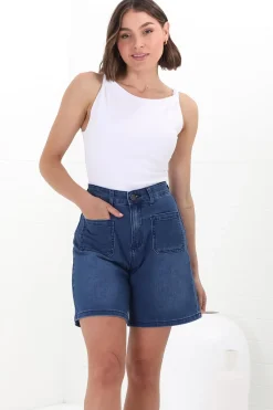 Murray Denim Shorts - High Waisted Stretchy Denim Shorts in Dark Denim><noscript><img width=