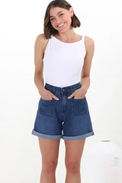 Murray Denim Shorts - High Waisted Stretchy Denim Shorts in Dark Denim><noscript><img width=