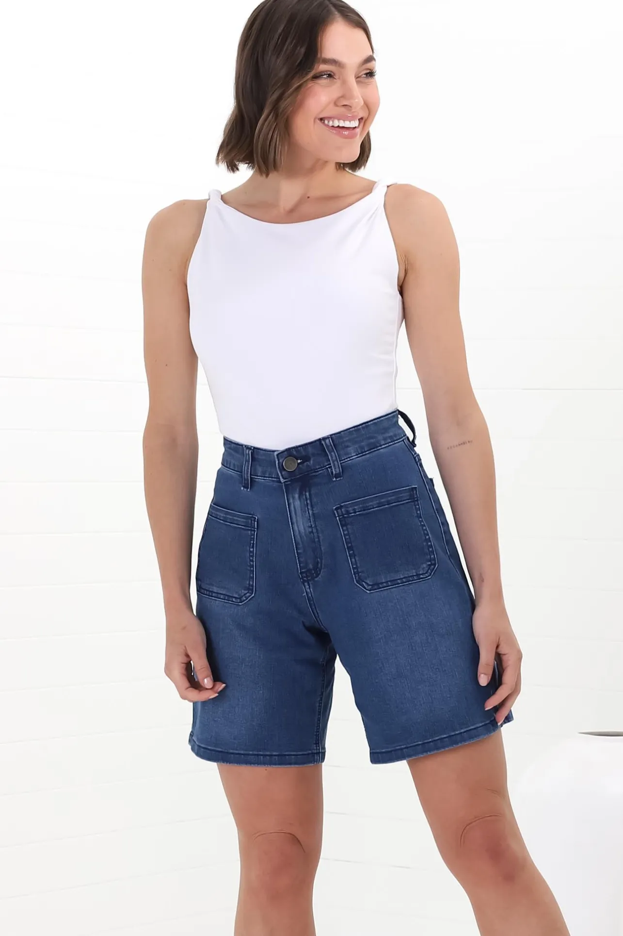 Murray Denim Shorts - High Waisted Stretchy Denim Shorts in Dark Denim>Salty Crush Hot