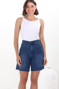 Murray Denim Shorts - High Waisted Stretchy Denim Shorts in Dark Denim><noscript><img width=