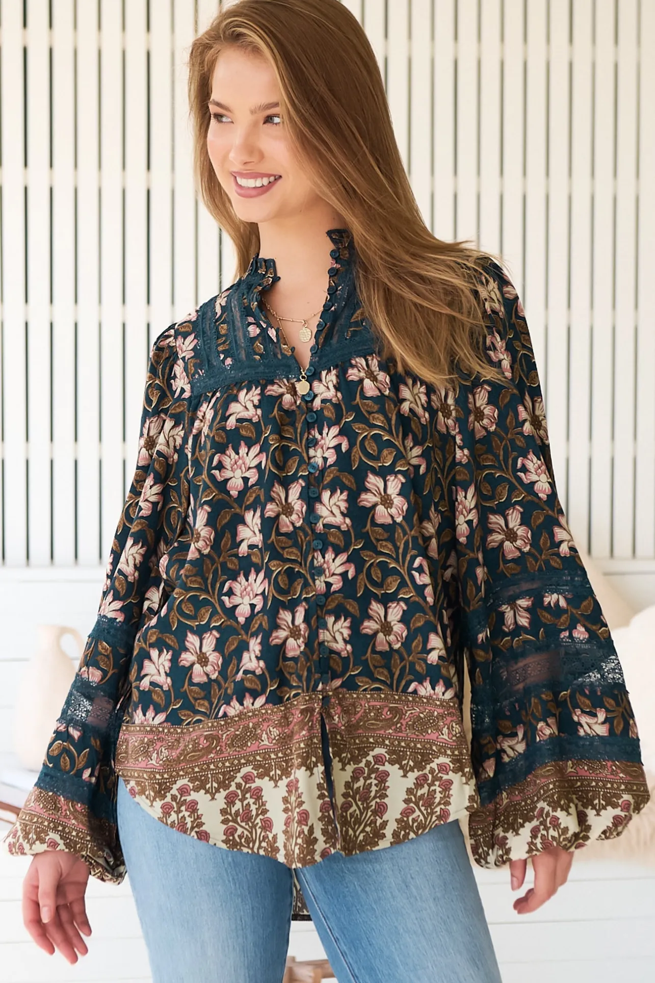 Nadia Blouse - Scoop Hem Lace Detailing Button Down in Nomade Print>Jaase Clearance