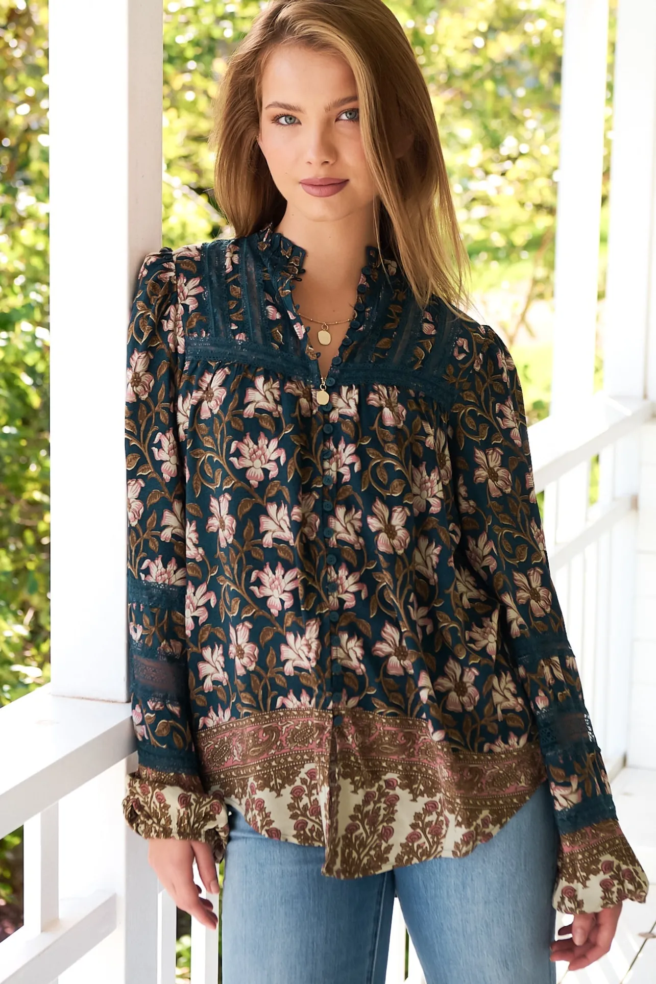 Nadia Blouse - Scoop Hem Lace Detailing Button Down in Nomade Print>Jaase Clearance