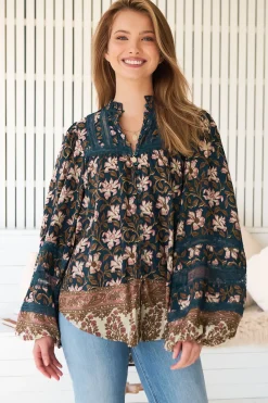 Nadia Blouse - Scoop Hem Lace Detailing Button Down in Nomade Print><noscript><img width=