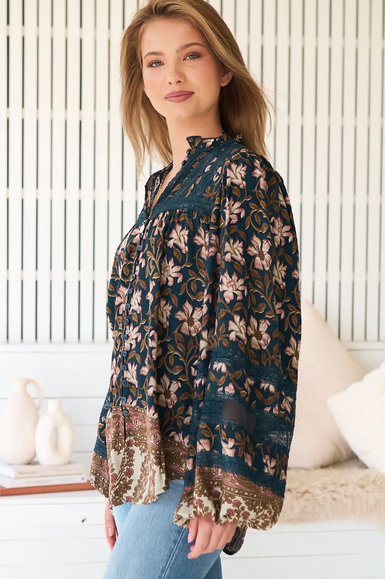 Nadia Blouse - Scoop Hem Lace Detailing Button Down in Nomade Print>Jaase Clearance