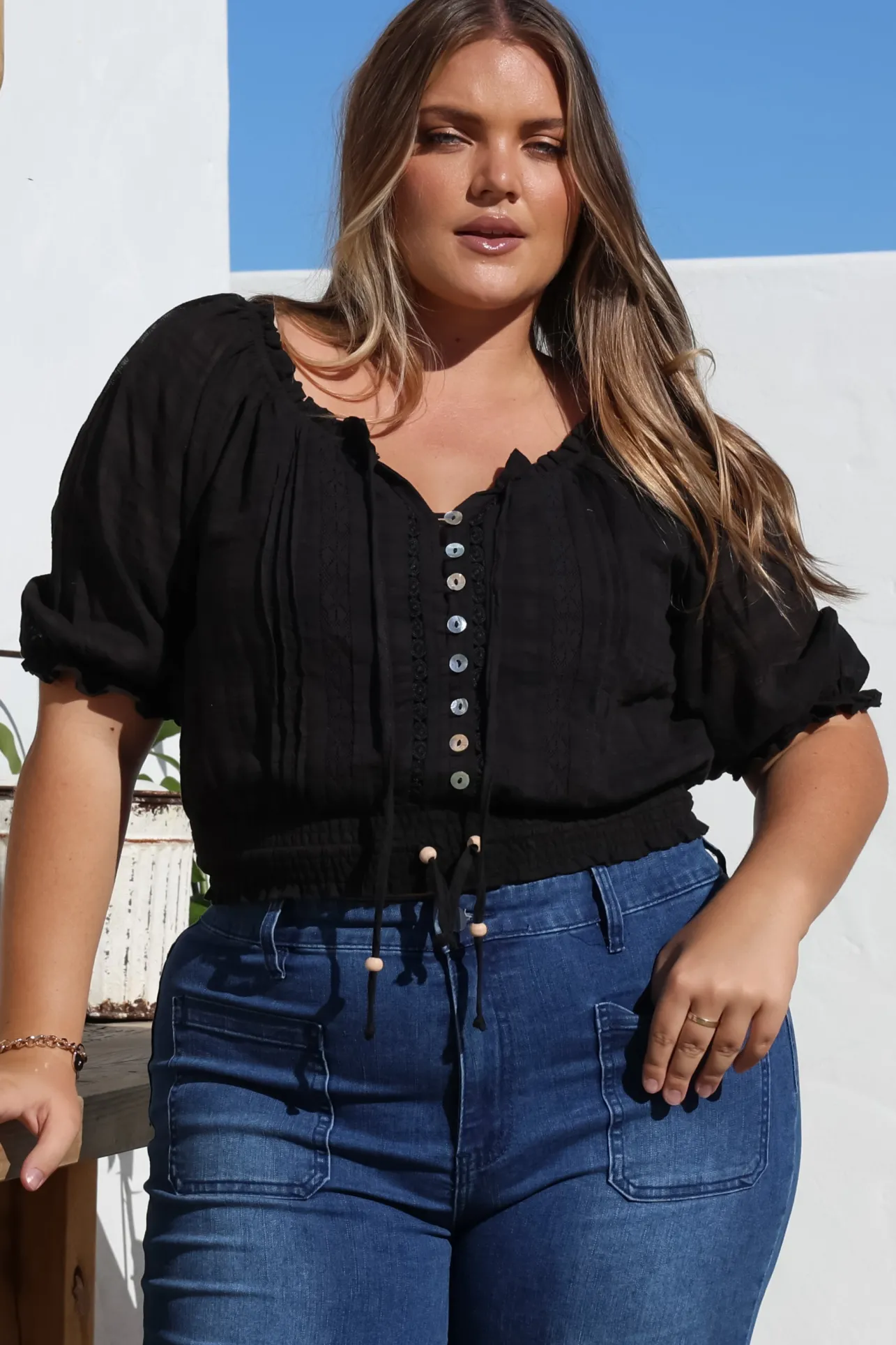 Nadiya Crop - Adjustable Neck and Hemline Crop with Pleating Details in Black>Salty Crush Clearance