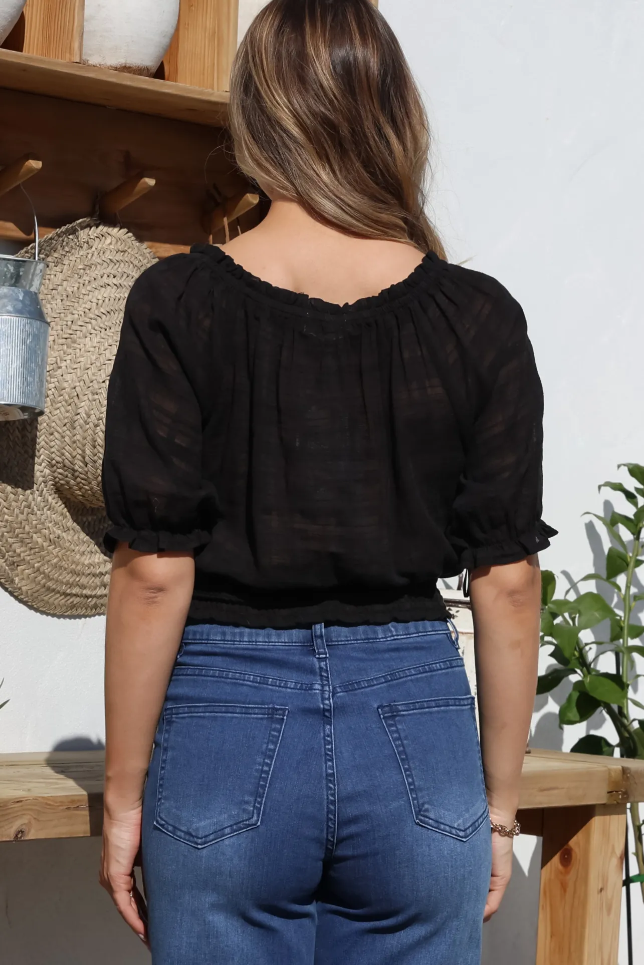 Nadiya Crop - Adjustable Neck and Hemline Crop with Pleating Details in Black>Salty Crush Clearance