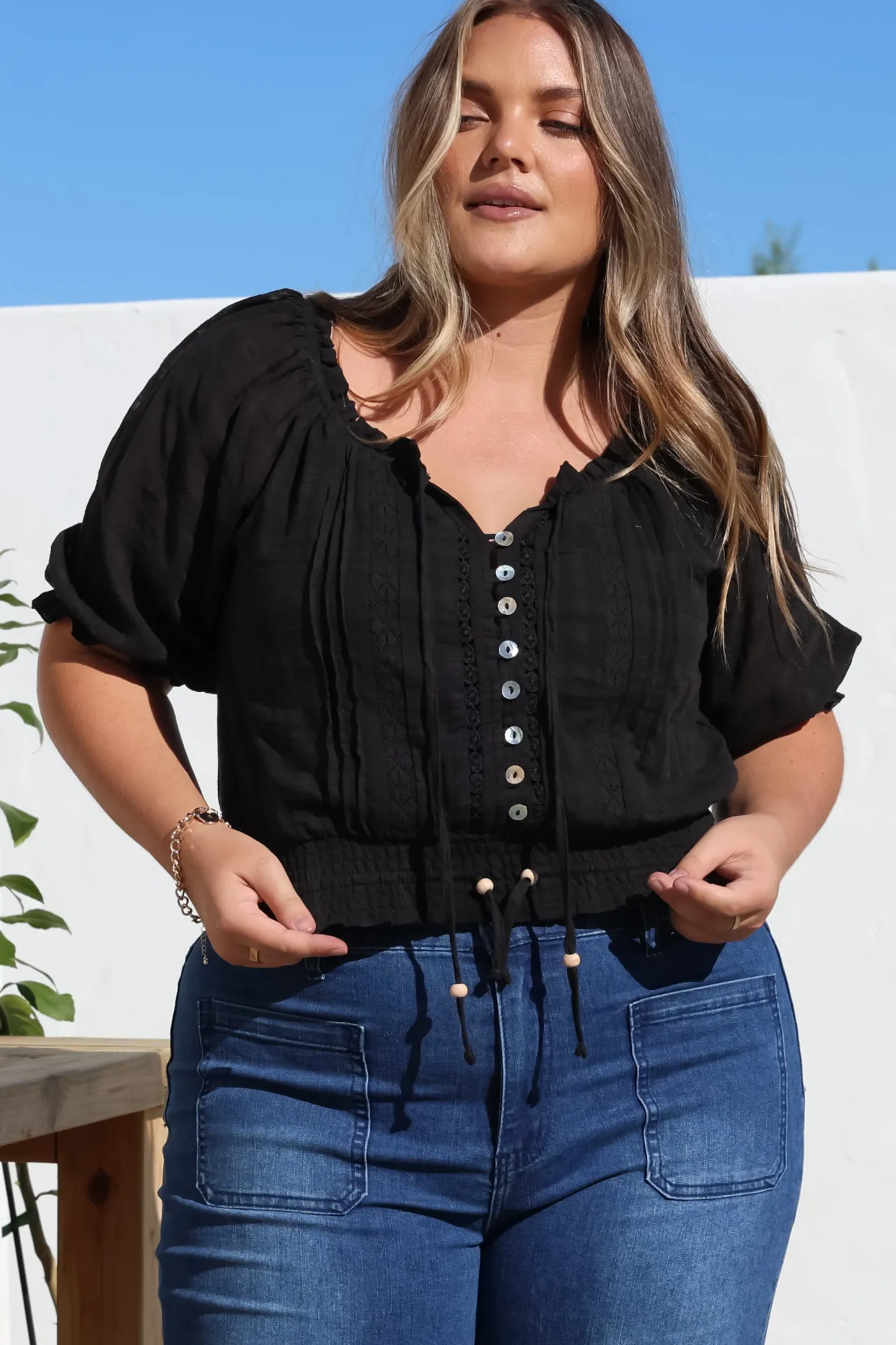 Nadiya Crop - Adjustable Neck and Hemline Crop with Pleating Details in Black>Salty Crush Clearance