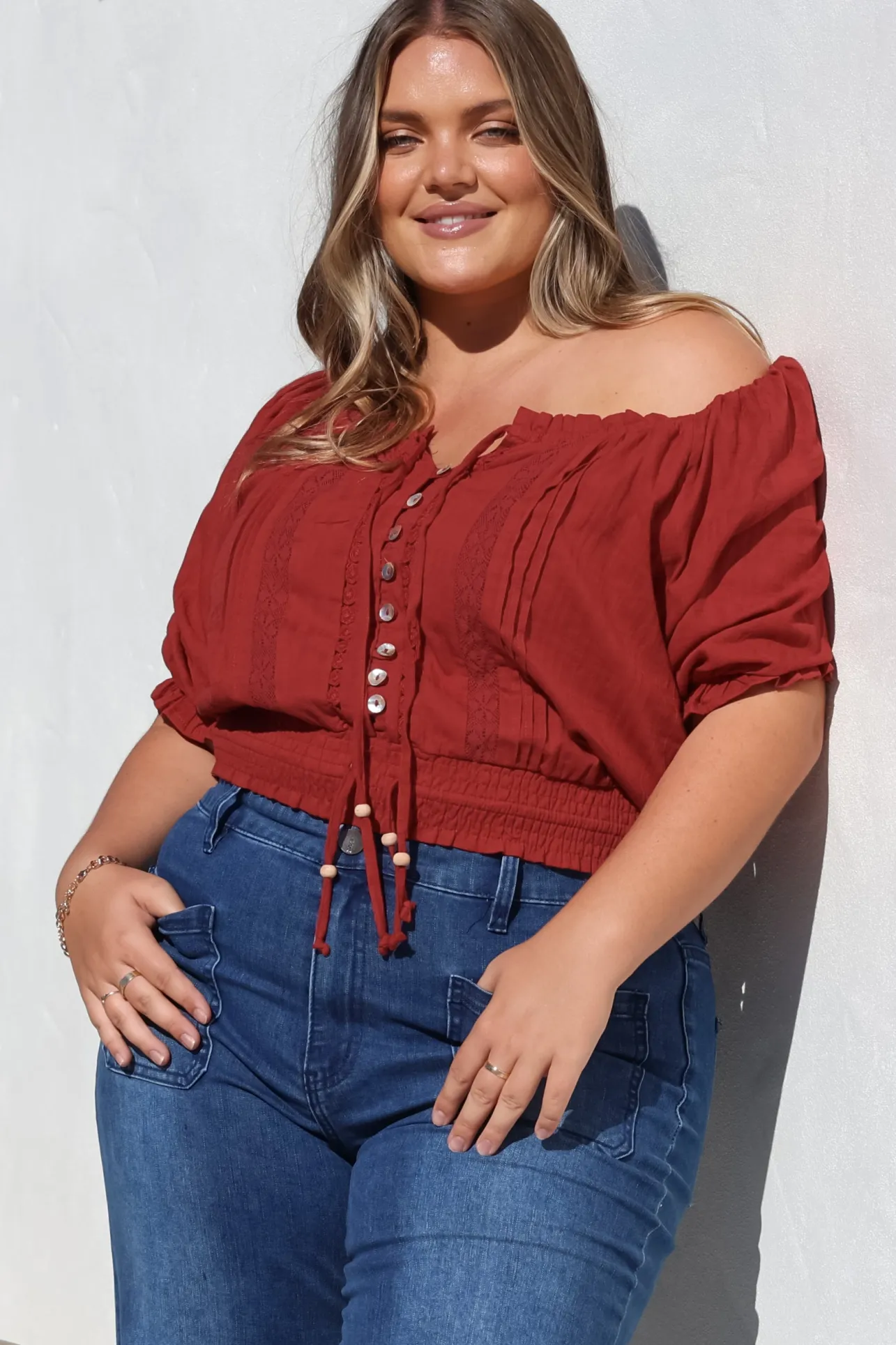 Nadiya Crop - Adjustable Neck and Hemline Crop with Pleating Details in Rust>Salty Crush Discount