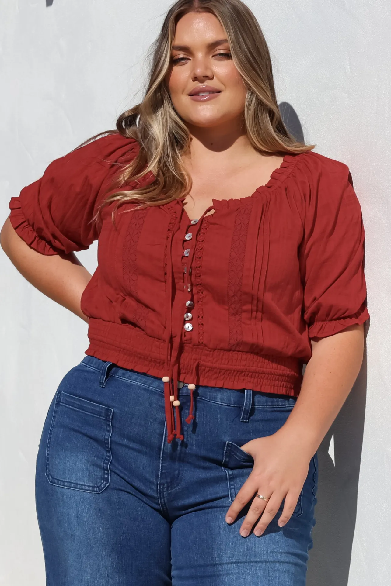 Nadiya Crop - Adjustable Neck and Hemline Crop with Pleating Details in Rust>Salty Crush Discount