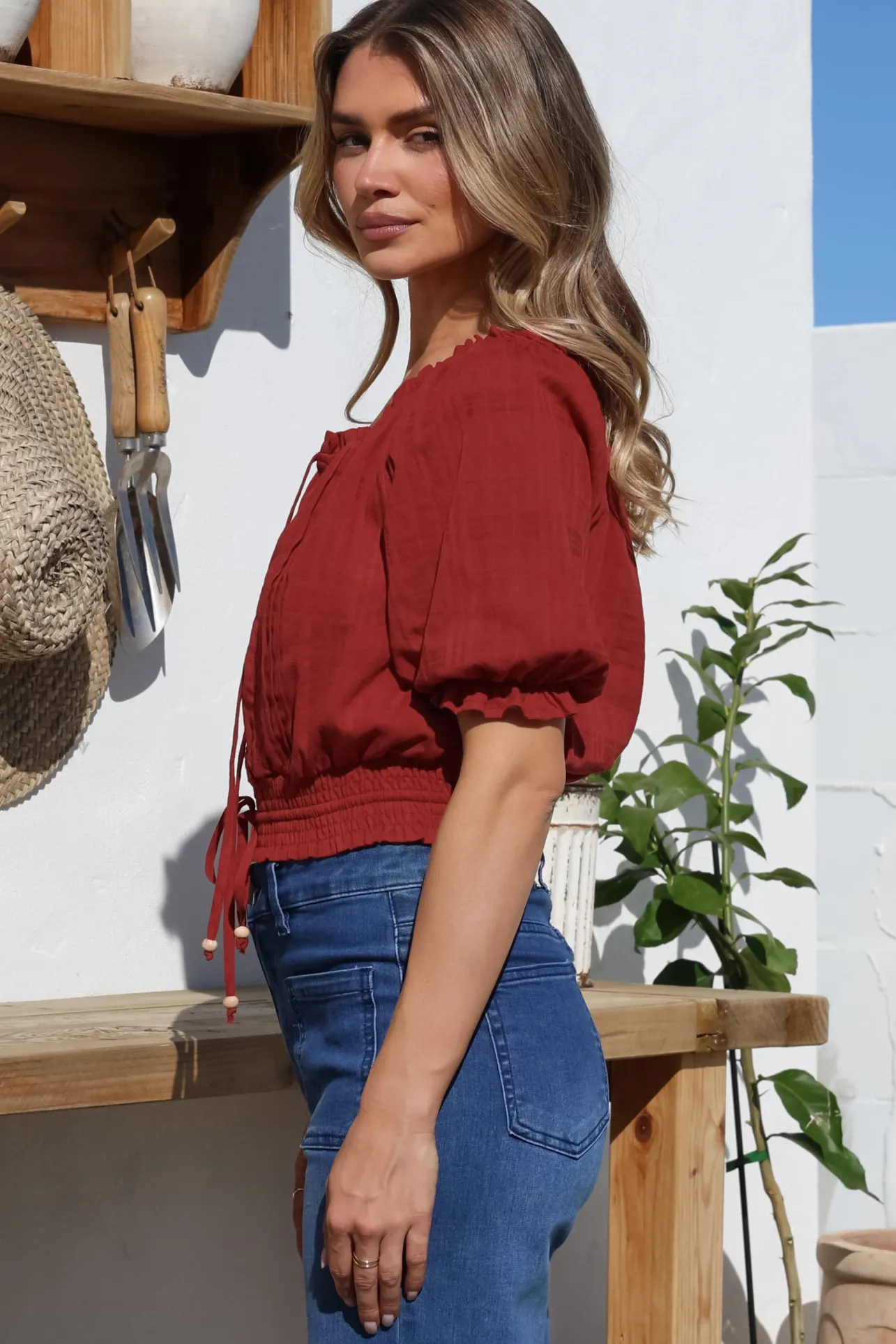 Nadiya Crop - Adjustable Neck and Hemline Crop with Pleating Details in Rust>Salty Crush Discount