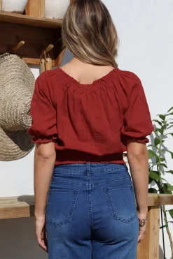 Nadiya Crop - Adjustable Neck and Hemline Crop with Pleating Details in Rust><noscript><img width=