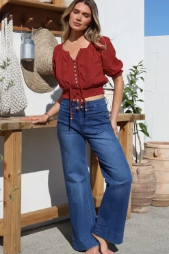 Nadiya Crop - Adjustable Neck and Hemline Crop with Pleating Details in Rust><noscript><img width=
