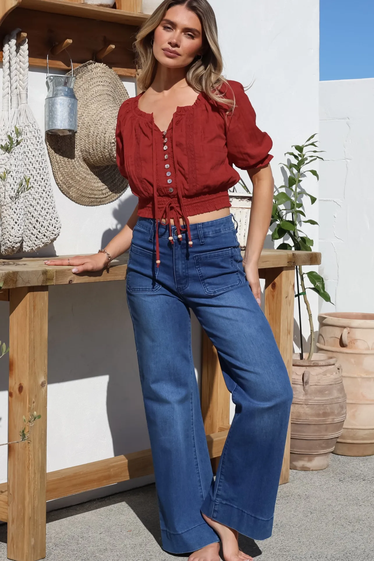 Nadiya Crop - Adjustable Neck and Hemline Crop with Pleating Details in Rust>Salty Crush Discount