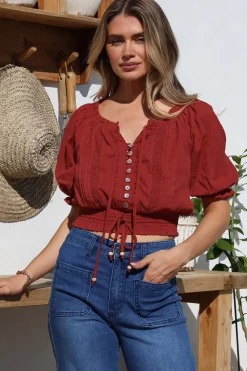 Nadiya Crop - Adjustable Neck and Hemline Crop with Pleating Details in Rust><noscript><img width=