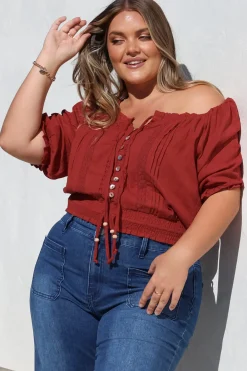 Nadiya Crop - Adjustable Neck and Hemline Crop with Pleating Details in Rust><noscript><img width=