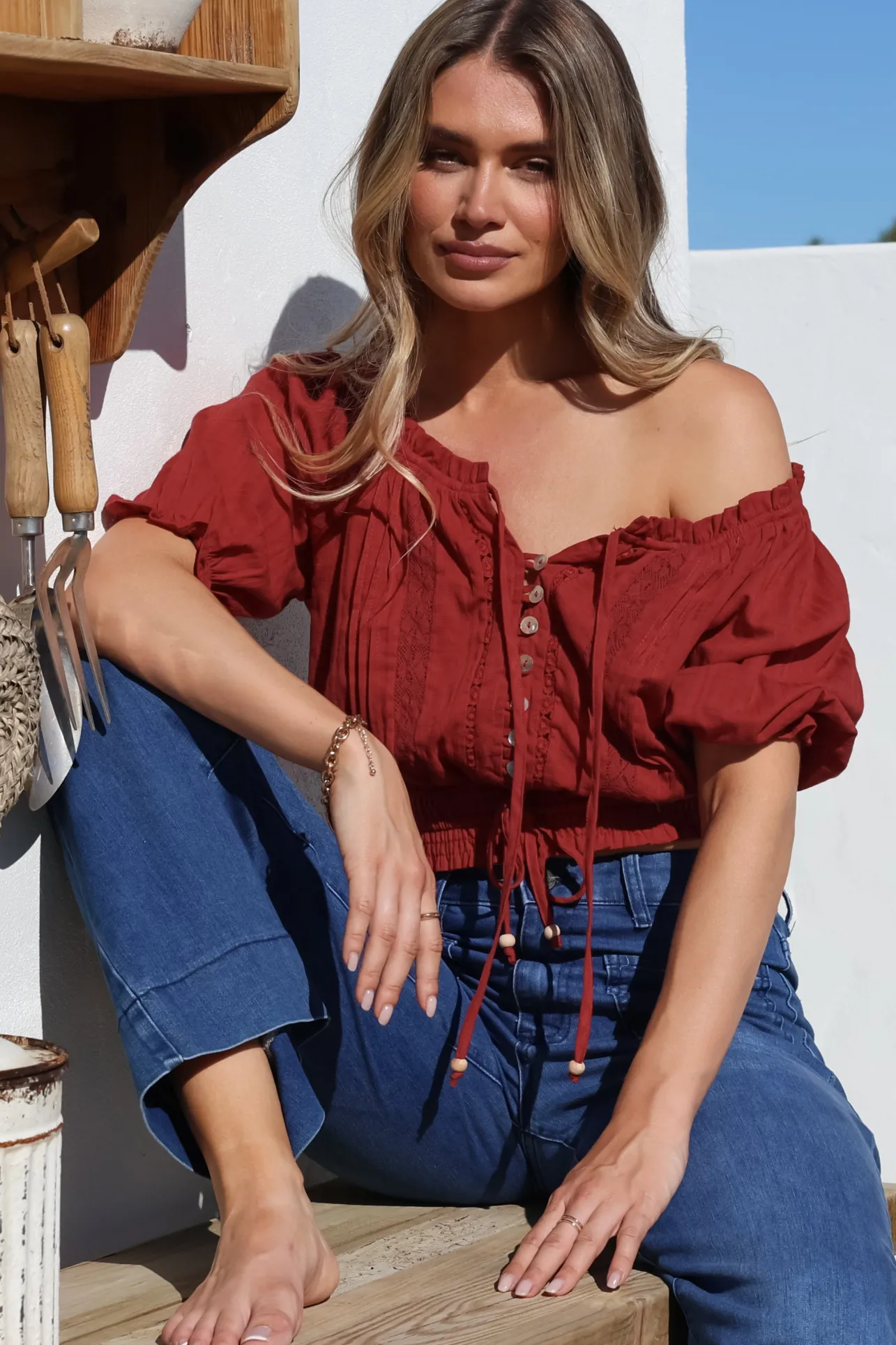 Nadiya Crop - Adjustable Neck and Hemline Crop with Pleating Details in Rust>Salty Crush Discount