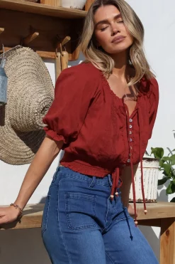 Nadiya Crop - Adjustable Neck and Hemline Crop with Pleating Details in Rust><noscript><img width=