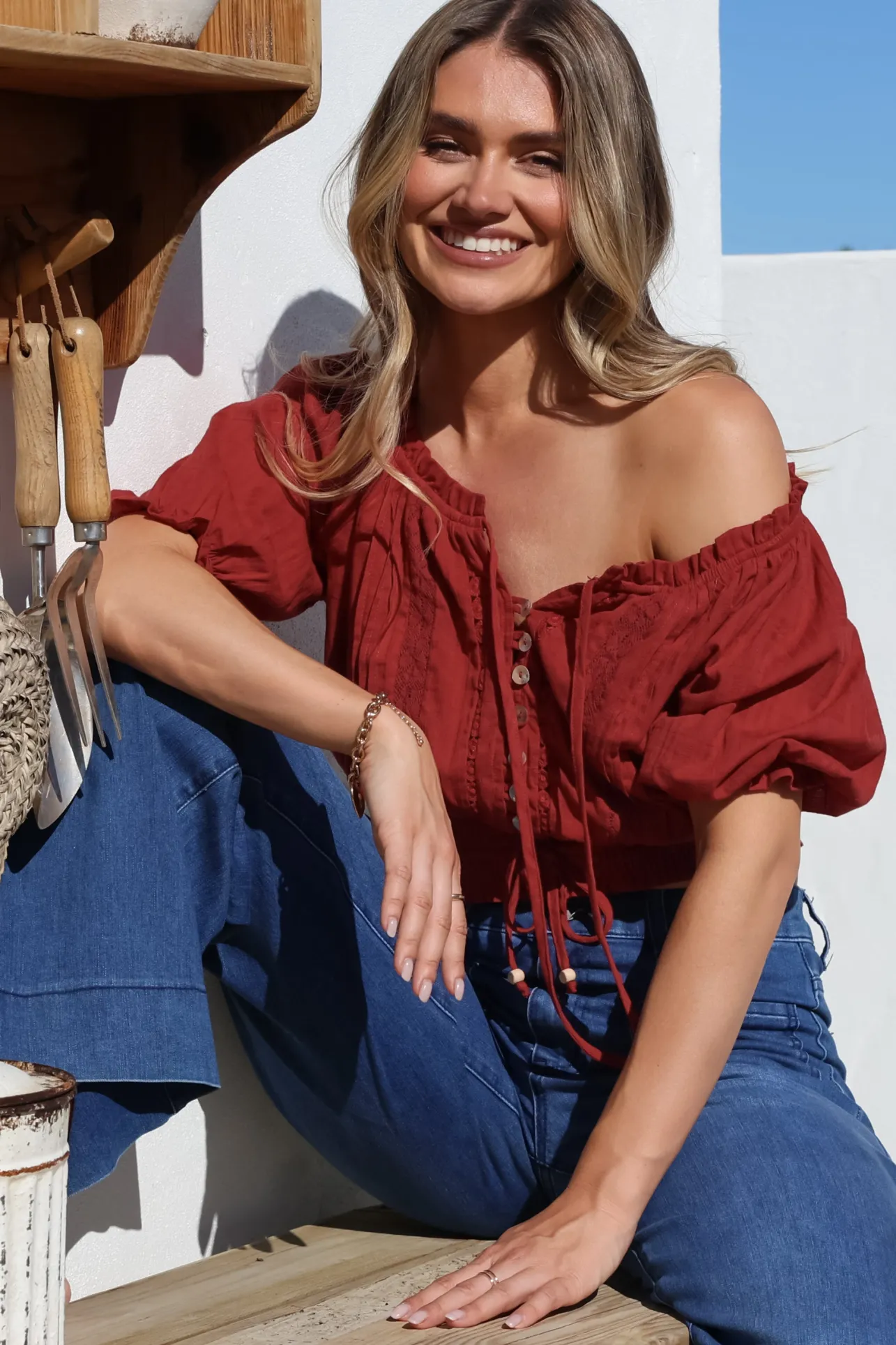 Nadiya Crop - Adjustable Neck and Hemline Crop with Pleating Details in Rust>Salty Crush Discount