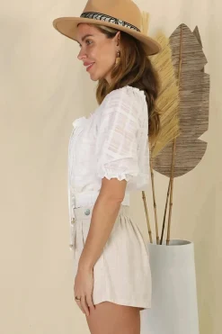 Nadiya Crop - Adjustable Neck and Hemline Crop with Pleating Details in White><noscript><img width=