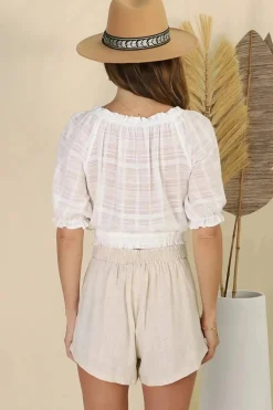 Nadiya Crop - Adjustable Neck and Hemline Crop with Pleating Details in White><noscript><img width=
