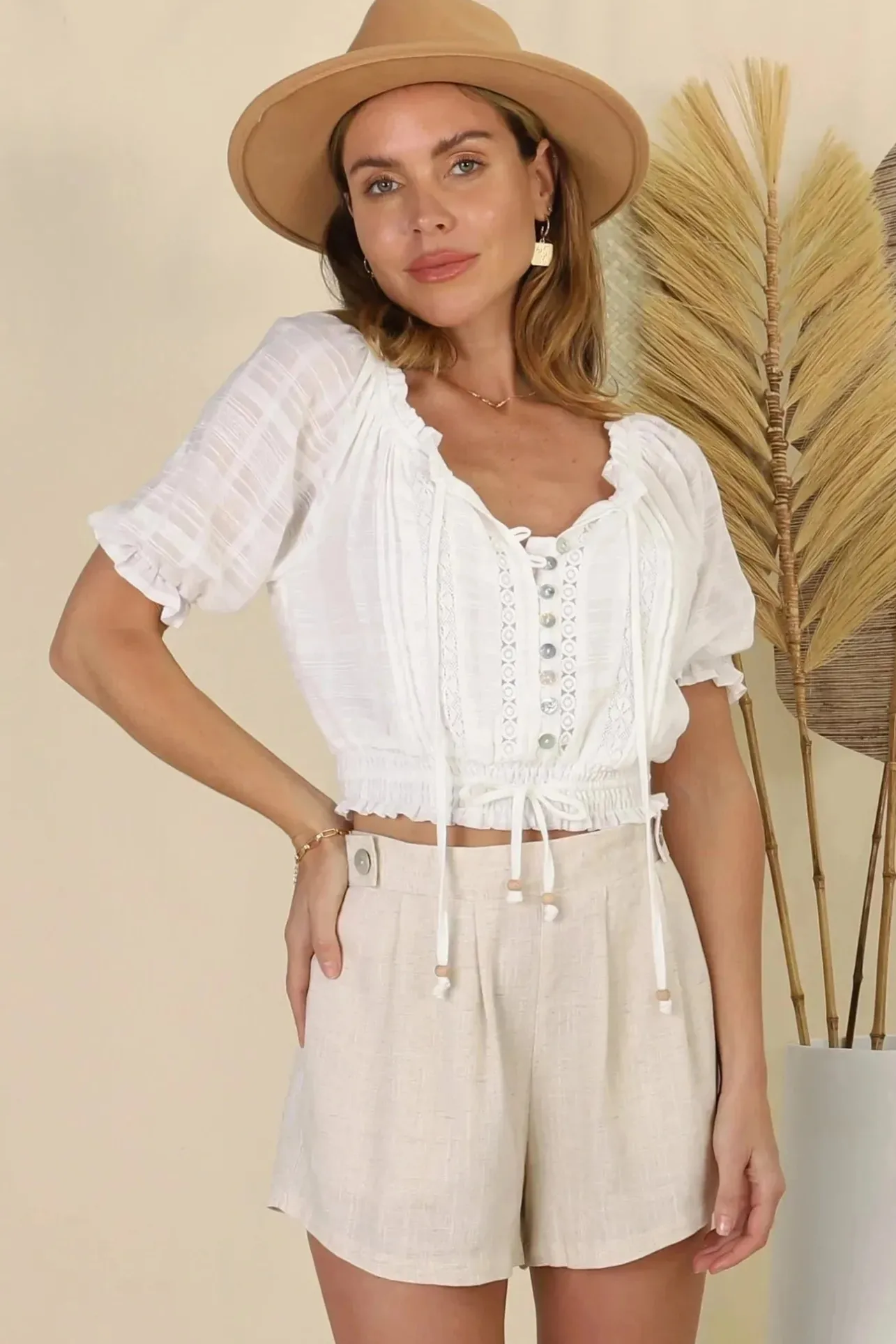 Nadiya Crop - Adjustable Neck and Hemline Crop with Pleating Details in White>Salty Crush Online