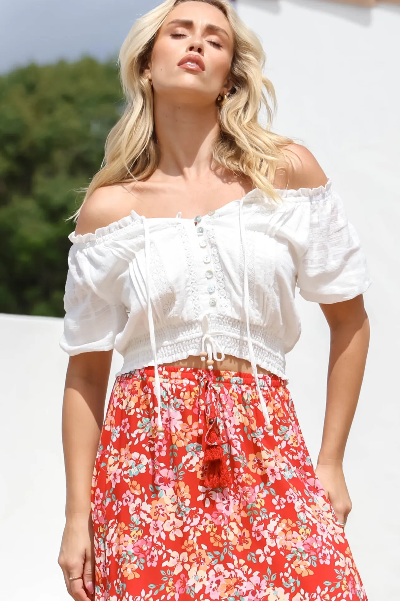 Nadiya Crop - Adjustable Neck and Hemline Crop with Pleating Details in White>Salty Crush Online