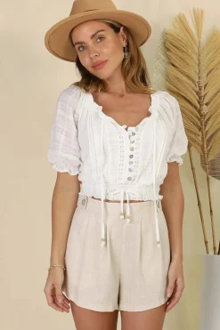 Nadiya Crop - Adjustable Neck and Hemline Crop with Pleating Details in White><noscript><img width=