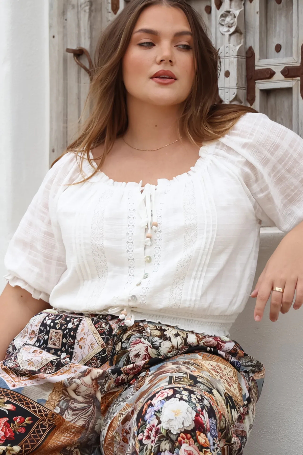 Nadiya Crop - Adjustable Neck and Hemline Crop with Pleating Details in White>Salty Crush Online