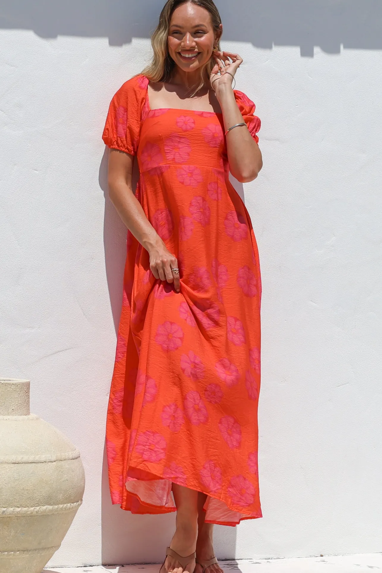 Nani Midi Dress - Milkmaid Neckline Dress with Short Sleeves in Sallio Print>Salty Crush