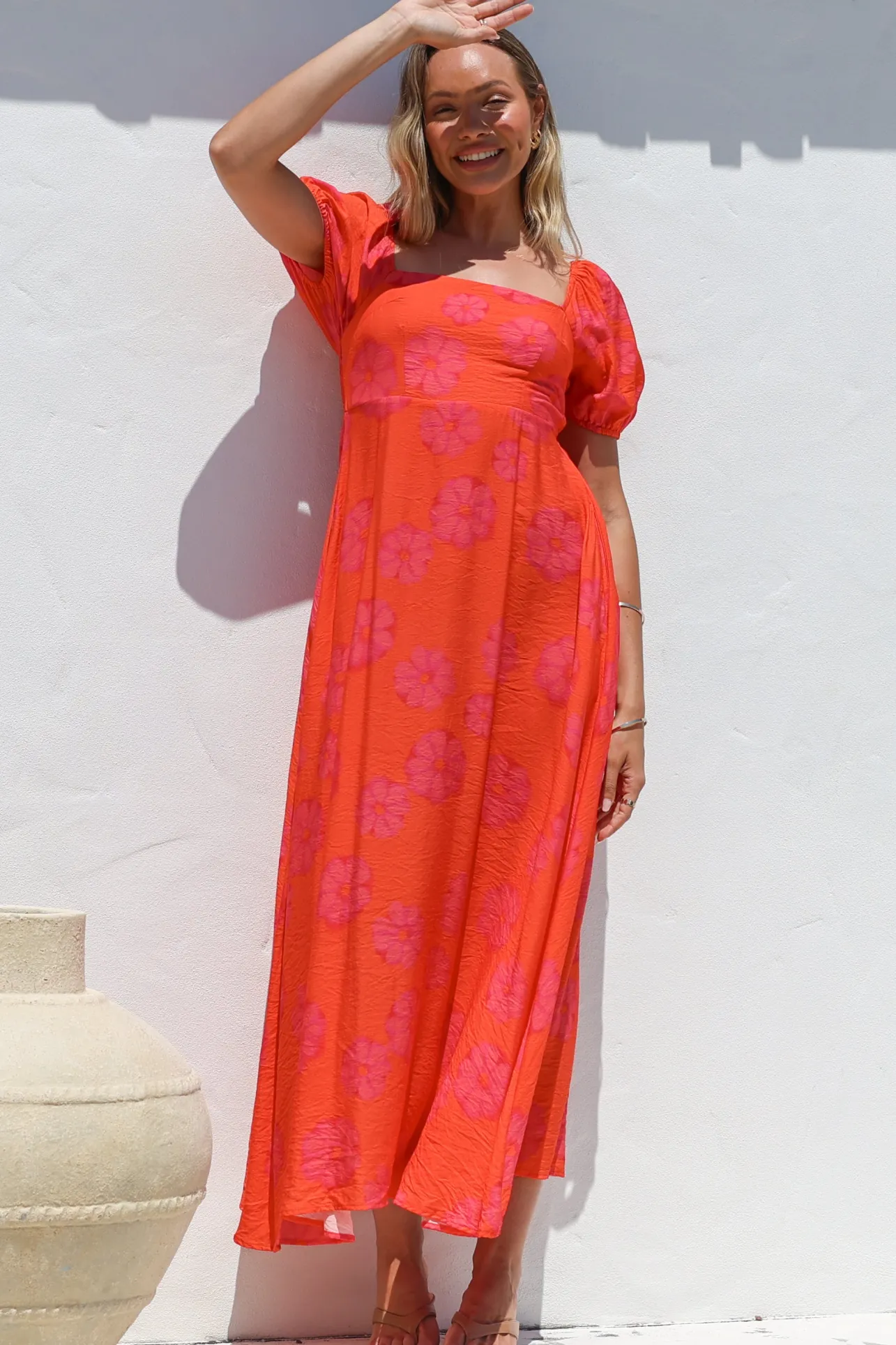 Nani Midi Dress - Milkmaid Neckline Dress with Short Sleeves in Sallio Print>Salty Crush