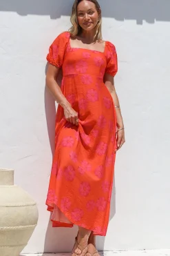 Nani Midi Dress - Milkmaid Neckline Dress with Short Sleeves in Sallio Print><noscript><img width=