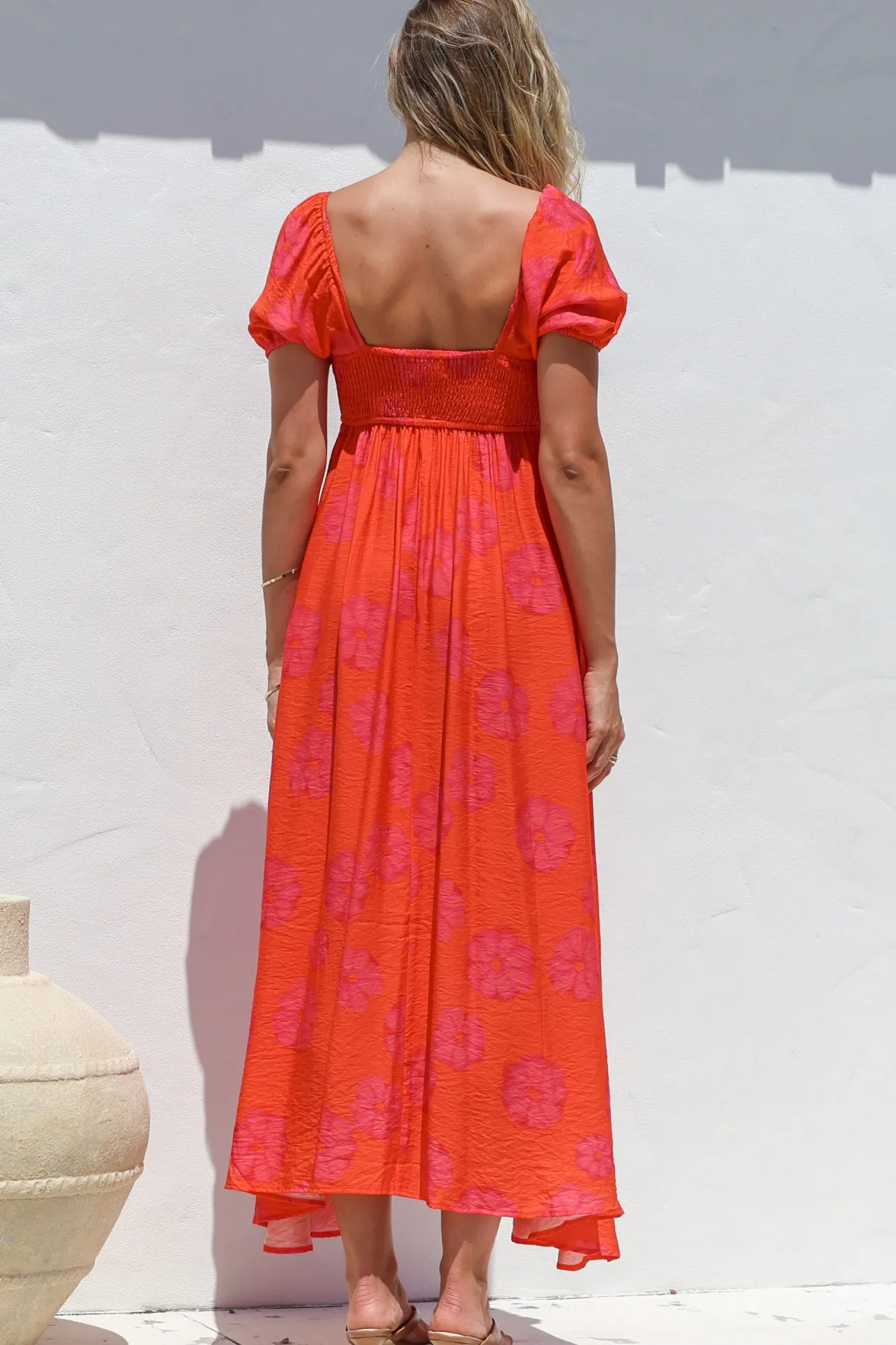 Nani Midi Dress - Milkmaid Neckline Dress with Short Sleeves in Sallio Print>Salty Crush