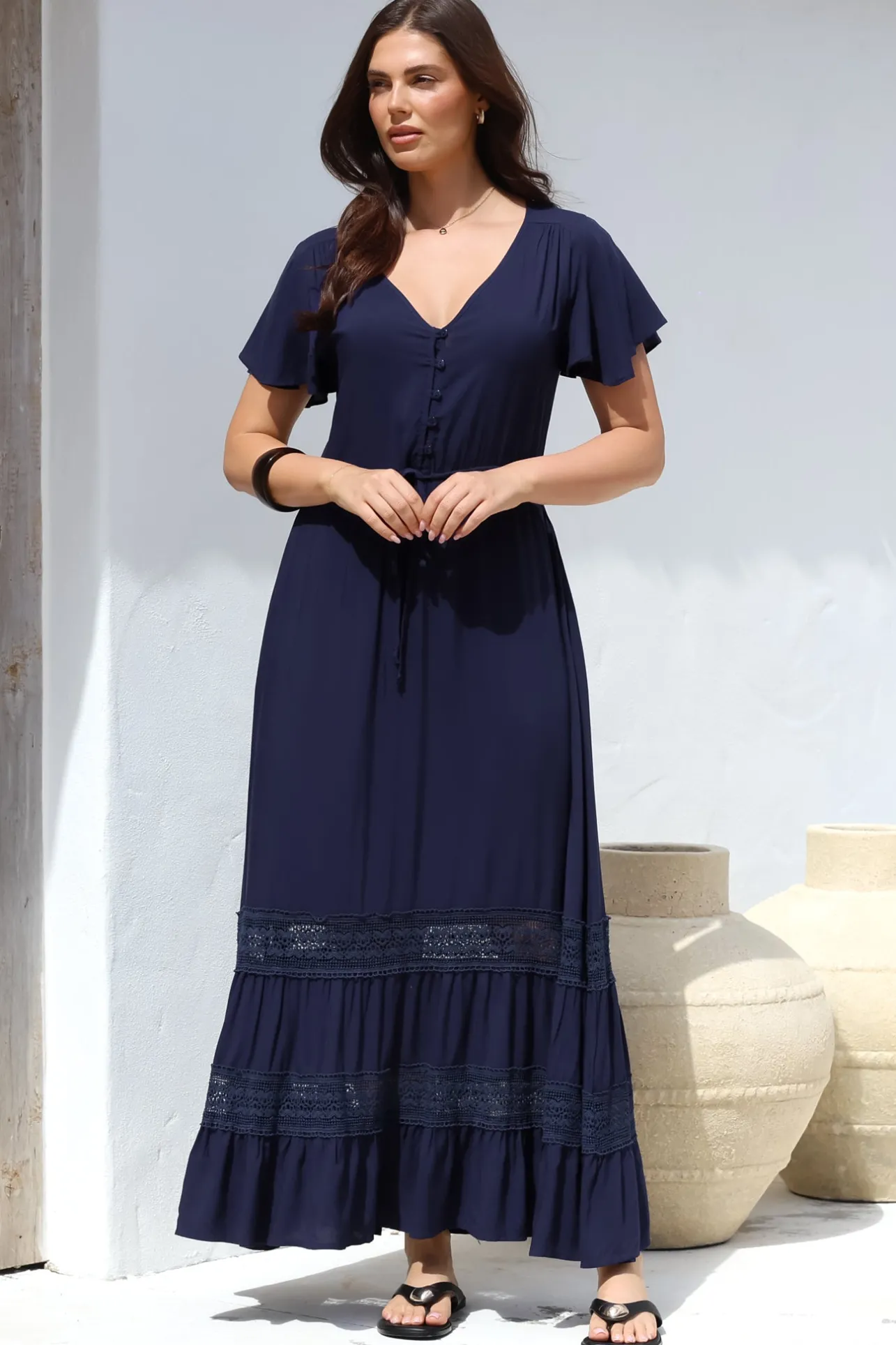 Narissa Maxi Dress - A-Line Dress with Lace Splicing and Flutter Sleeves in Navy>Salty Crush Online