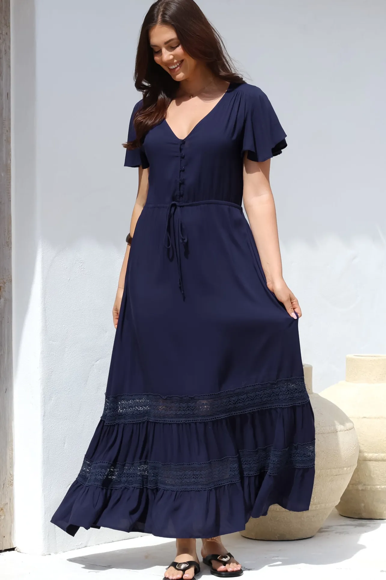 Narissa Maxi Dress - A-Line Dress with Lace Splicing and Flutter Sleeves in Navy>Salty Crush Online
