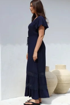 Narissa Maxi Dress - A-Line Dress with Lace Splicing and Flutter Sleeves in Navy><noscript><img width=