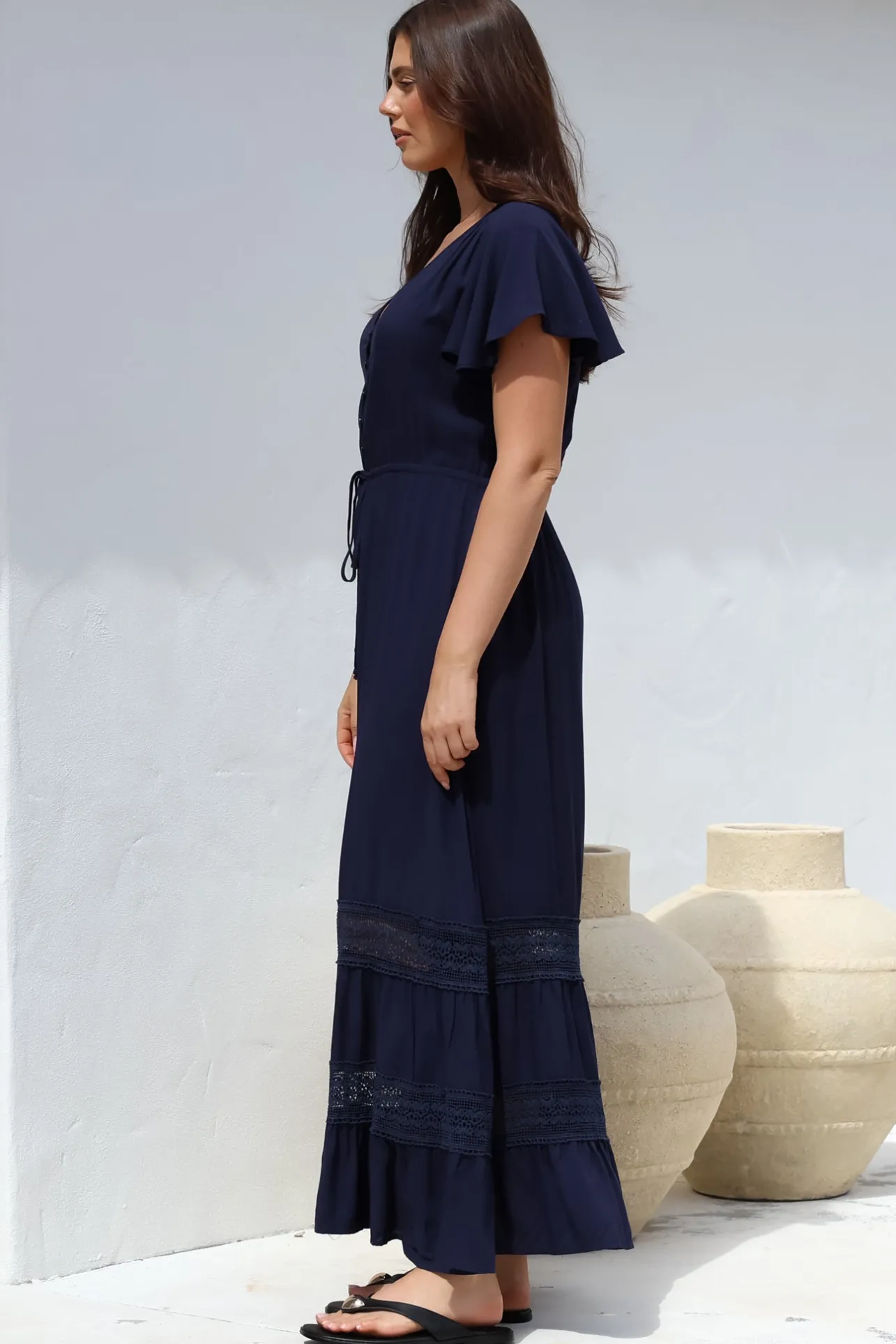Narissa Maxi Dress - A-Line Dress with Lace Splicing and Flutter Sleeves in Navy>Salty Crush Online