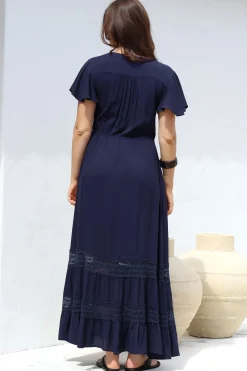 Narissa Maxi Dress - A-Line Dress with Lace Splicing and Flutter Sleeves in Navy><noscript><img width=