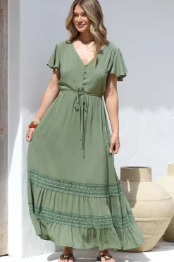 Narissa Maxi Dress - A-Line Dress with Lace Splicing and Flutter Sleeves in Khaki><noscript><img width=