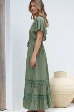 Narissa Maxi Dress - A-Line Dress with Lace Splicing and Flutter Sleeves in Khaki><noscript><img width=