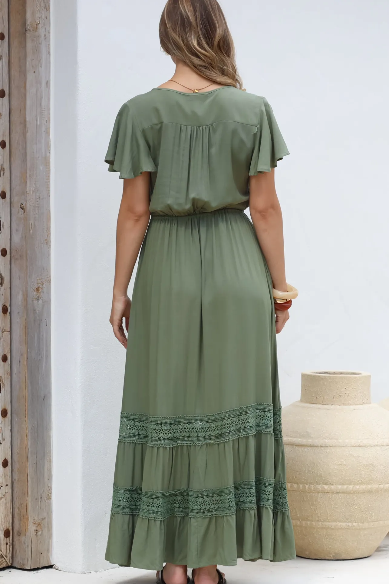 Narissa Maxi Dress - A-Line Dress with Lace Splicing and Flutter Sleeves in Khaki>Salty Crush Online
